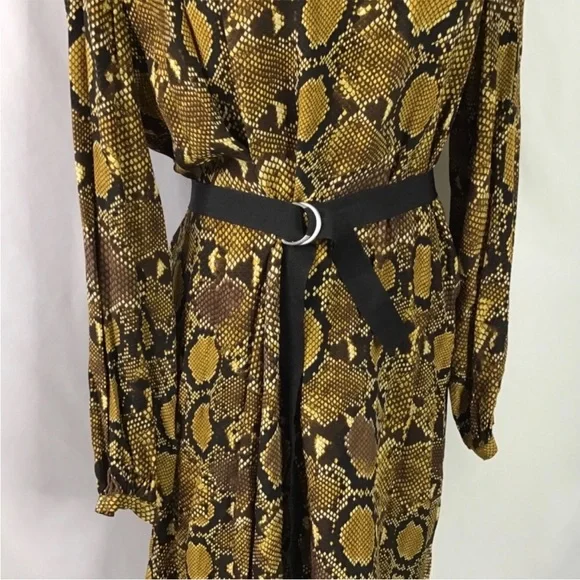 ZARA SNAKESKIN ANIMAL PRINT LONG SLEEVE BELTED BLACK BROWN YELLOW DRESS SZ XS - Picture 6 of 16